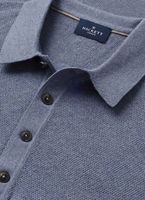 Merino Wool Textured Long Sleeve Knitted Polo